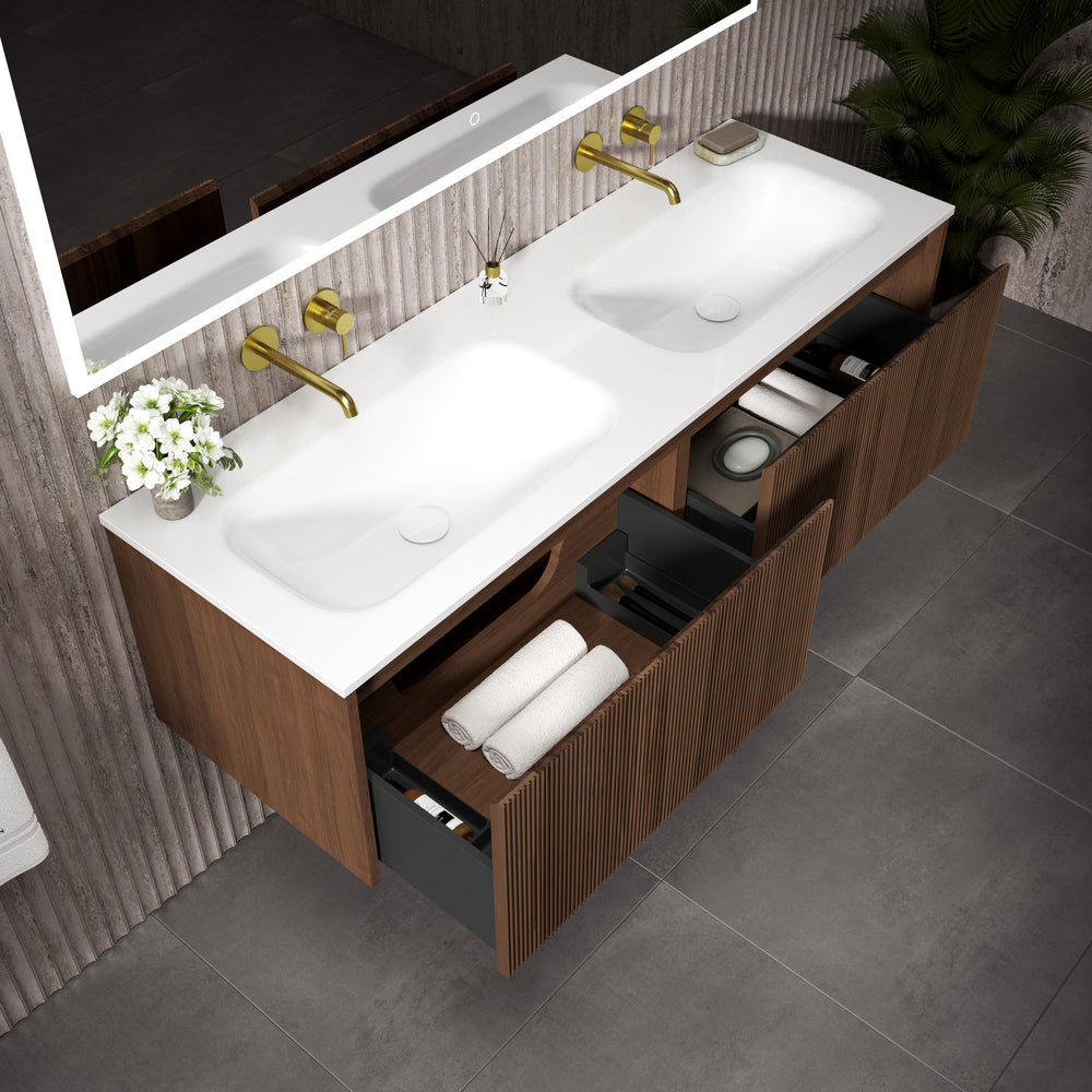 Scanalato Double Drawer Vanity Unit With Beyondstone Double Basin - Walnut 1400mm