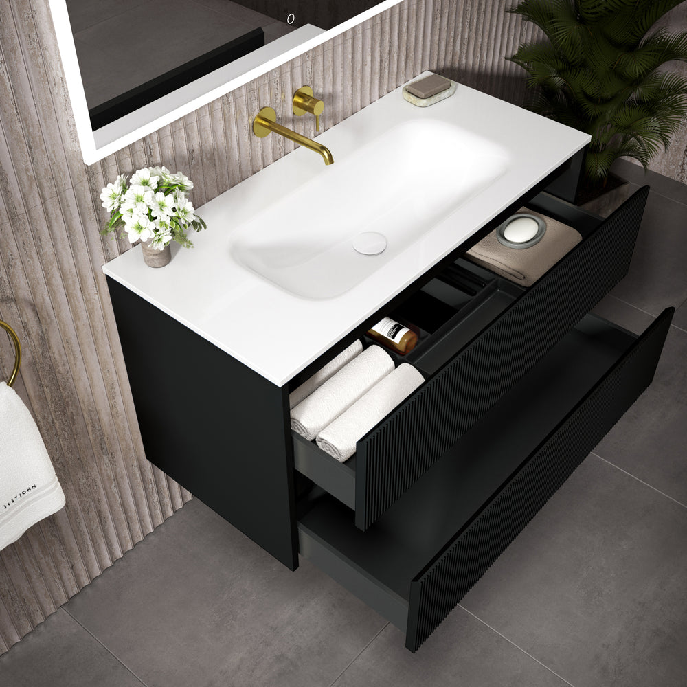 Scanalato Double Drawer Vanity Unit  With Beyondstone Basin - Pure Black 1000mm