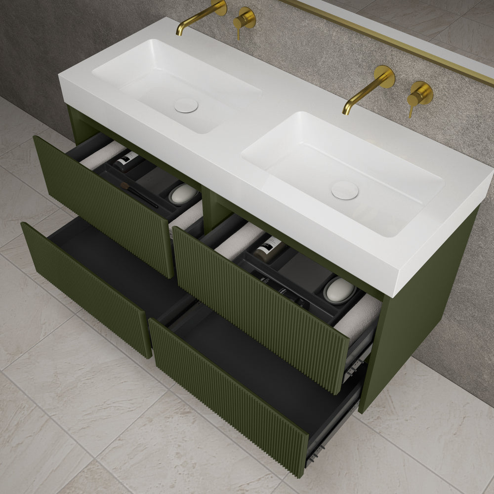 Scanalato Four Drawer Vanity Unit With Beyondstone BLOC Double Basin - Seaweed 1200mm