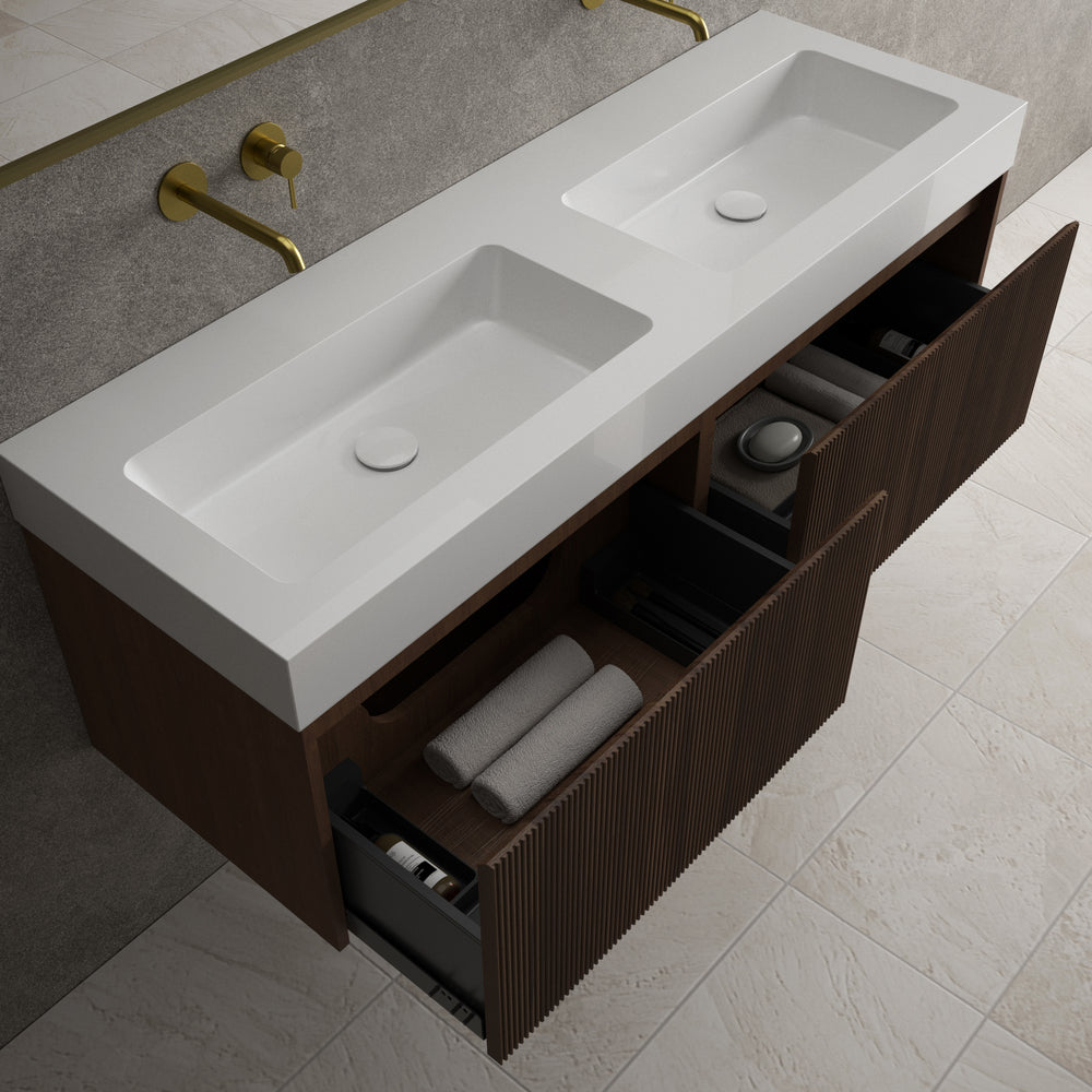 Scanalato Double Drawer Vanity Unit With Beyondstone BLOC Double Basin - Walnut 1400mm