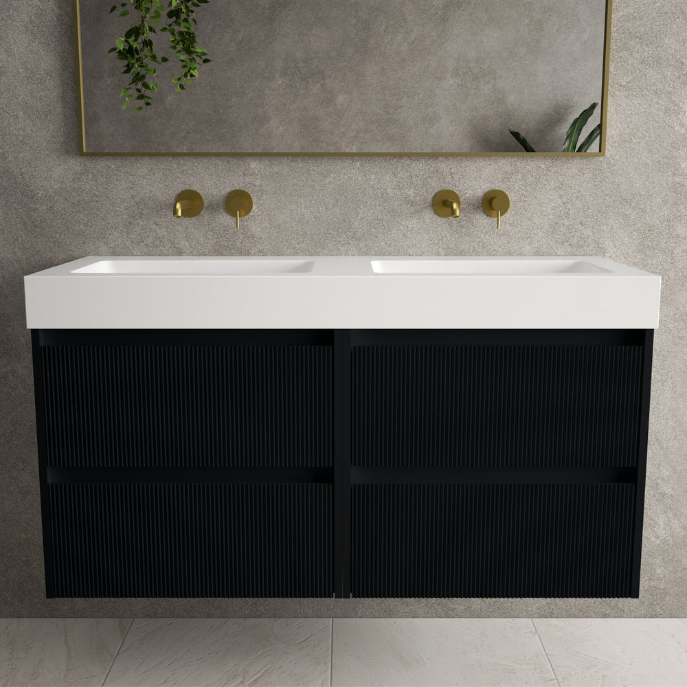 Scanalato Four Drawer Vanity Unit With Beyondstone BLOC Double Basin - Pure Black 1200mm