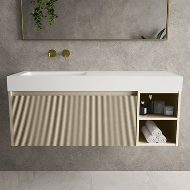 Scanalato Single Drawer Vanity Unit With Open Storage Space And Beyondstone BLOC Basin - Cashmere 1200mm