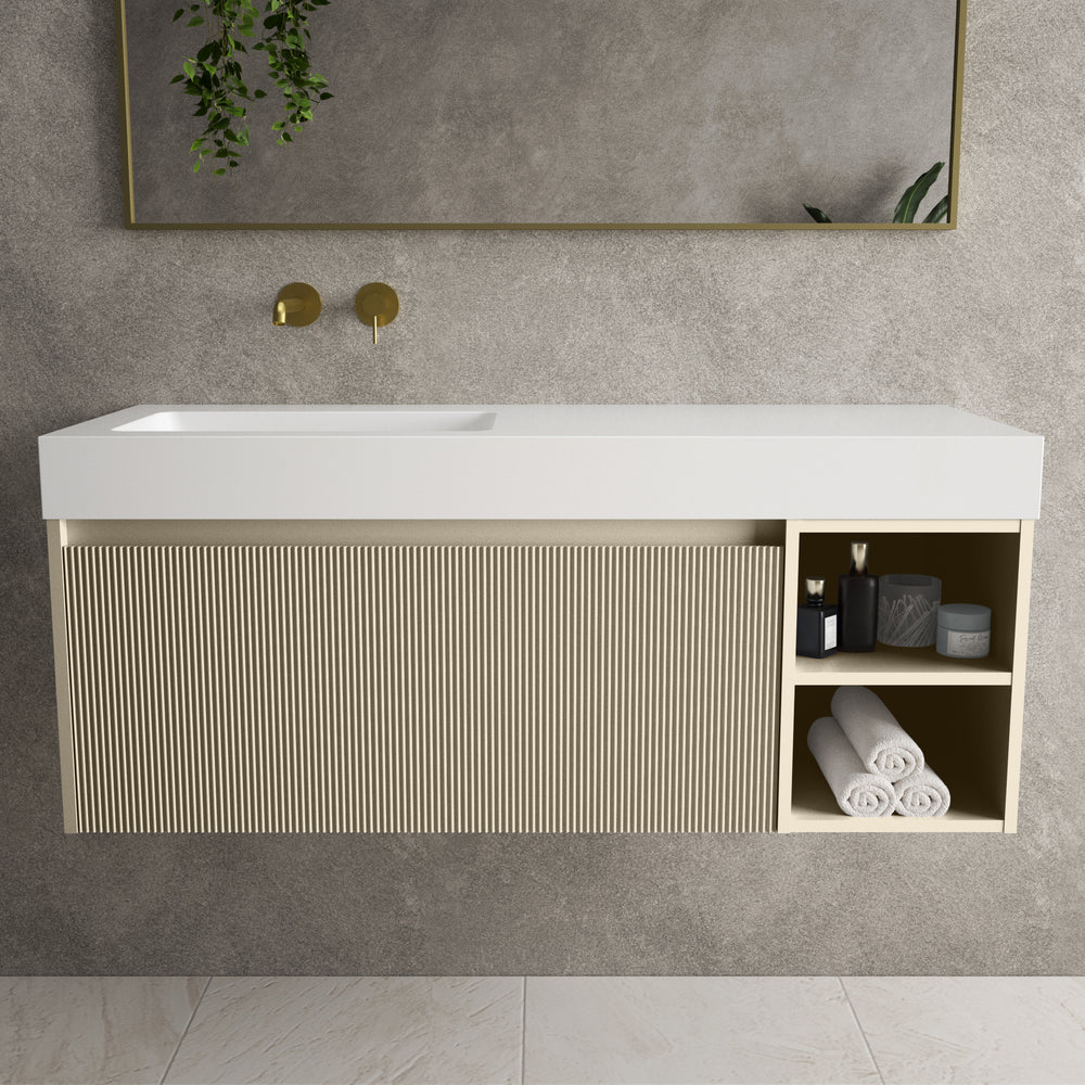 Scanalato Single Drawer Vanity Unit With Open Storage Space And Beyondstone BLOC Basin - Cashmere 1200mm