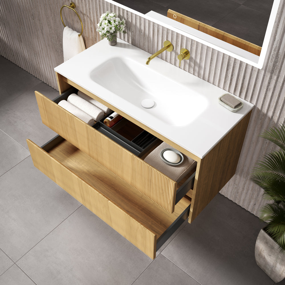 Scanalato Double Drawer Vanity Unit  With Beyondstone Basin - Oak 1000mm