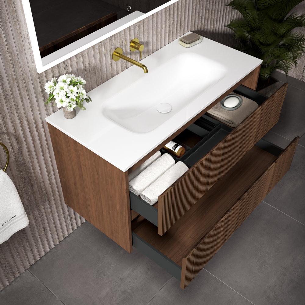 Scanalato Double Drawer Vanity Unit  With Beyondstone Basin - Walnut 1000mm