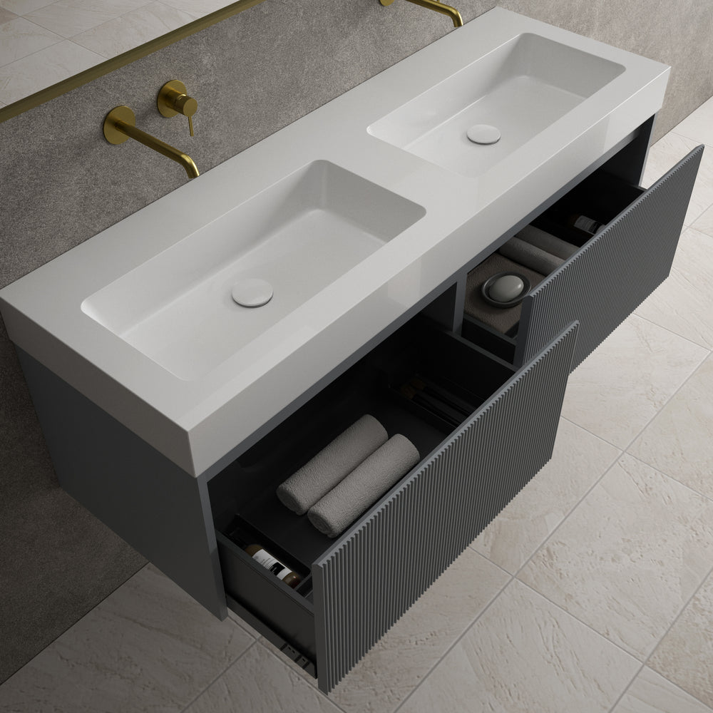 Scanalato Double Drawer Vanity Unit With Beyondstone BLOC Double Basin - Dove Grey 1400mm