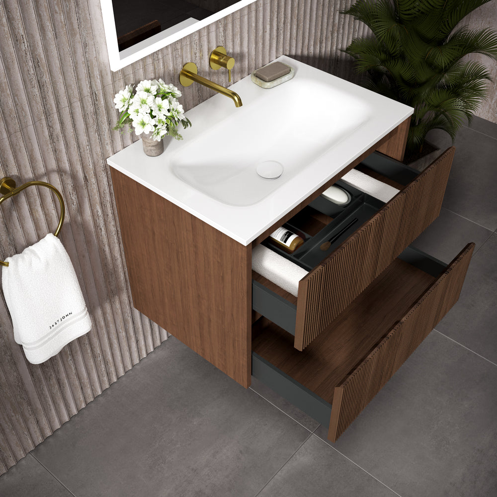 Scanalato Double Drawer Vanity Unit  With Beyondstone Basin - Walnut 700mm
