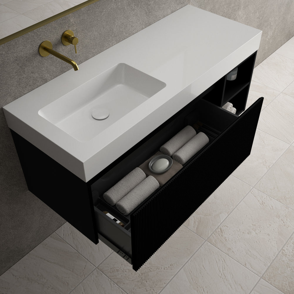 Scanalato Single Drawer Vanity Unit With Open Storage Space And Beyondstone BLOC Basin - Pure Black 1200mm