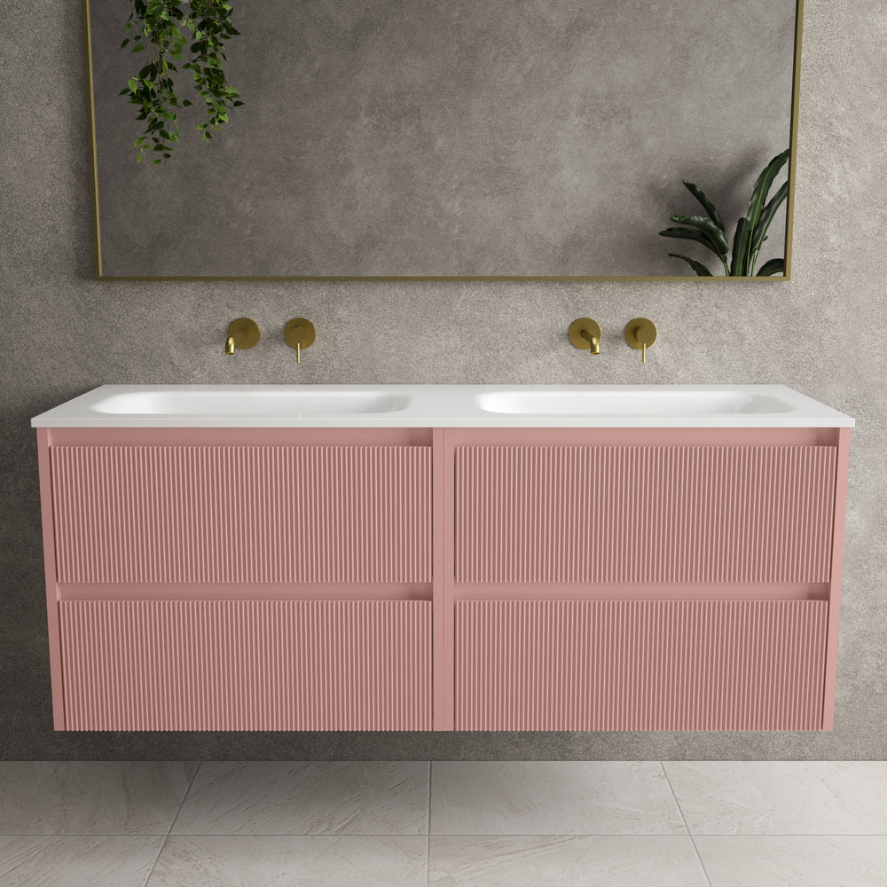 Scanalato Four Drawer Vanity Unit With Beyondstone Double Basin - Dusky Pink 1400mm
