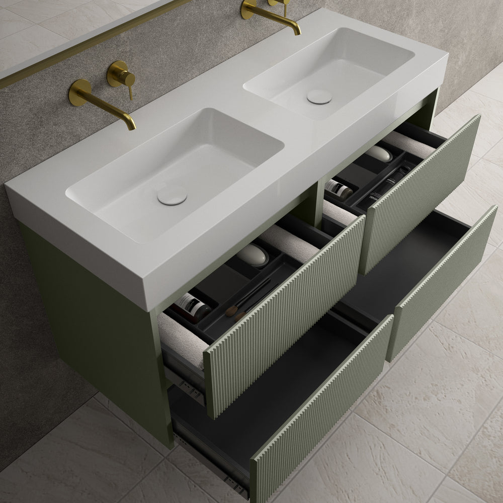 Scanalato Four Drawer Vanity Unit With Beyondstone BLOC Double Basin - Pistachio 1200mm