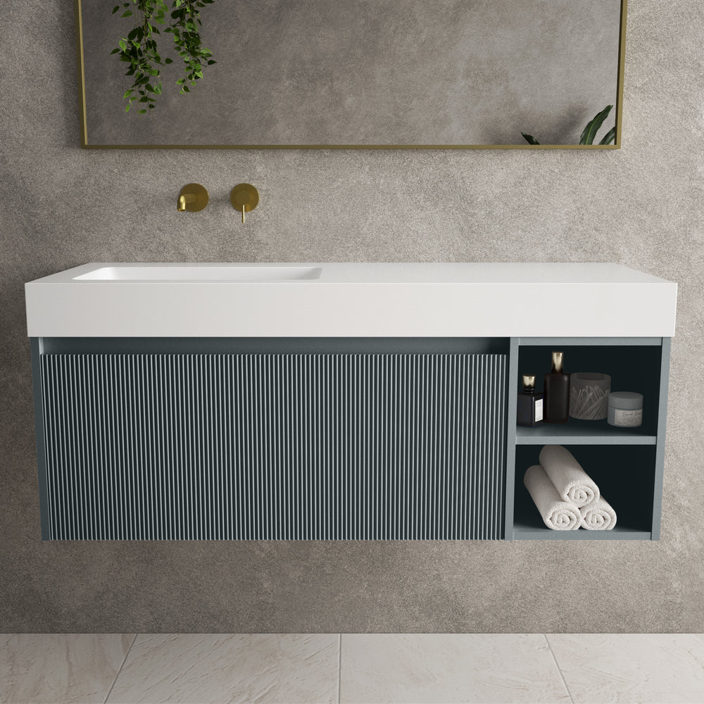 Scanalato Single Drawer Vanity Unit With Open Storage Space And Beyondstone BLOC Basin - Anthracite 1200mm