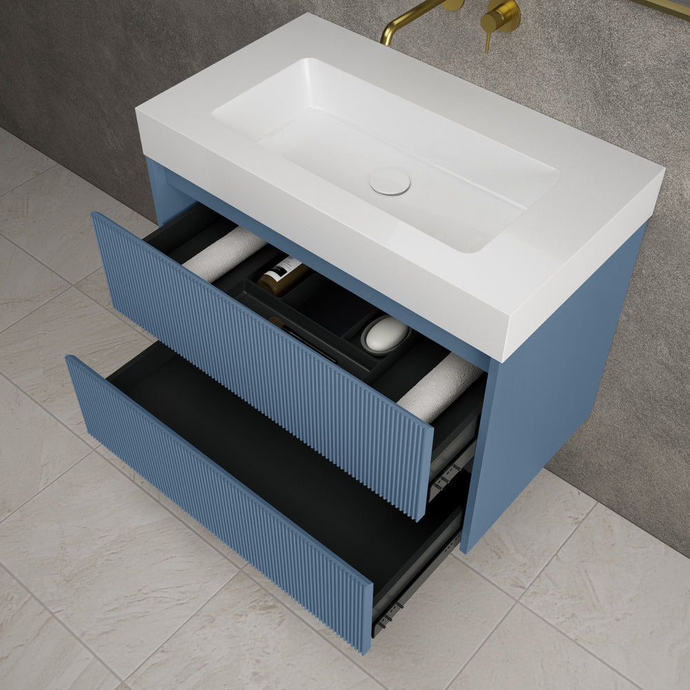 Scanalato Double Drawer Vanity Unit  With Beyondstone BLOC Basin - Soft Blue 800mm