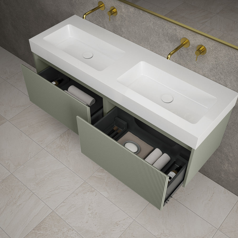 Scanalato Double Drawer Vanity Unit With Beyondstone BLOC Double Basin - Pistachio 1400mm