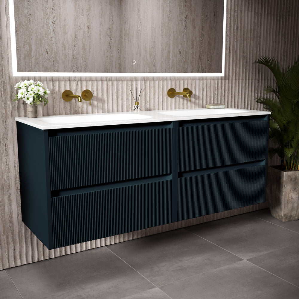 Scanalato Four Drawer Vanity Unit With Beyondstone Double Basin - Midnight Blue 1400mm
