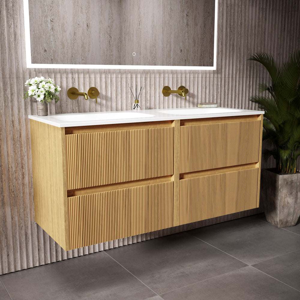 Scanalato Four Drawer Vanity Unit With Beyondstone Double Basin - Oak 1200mm