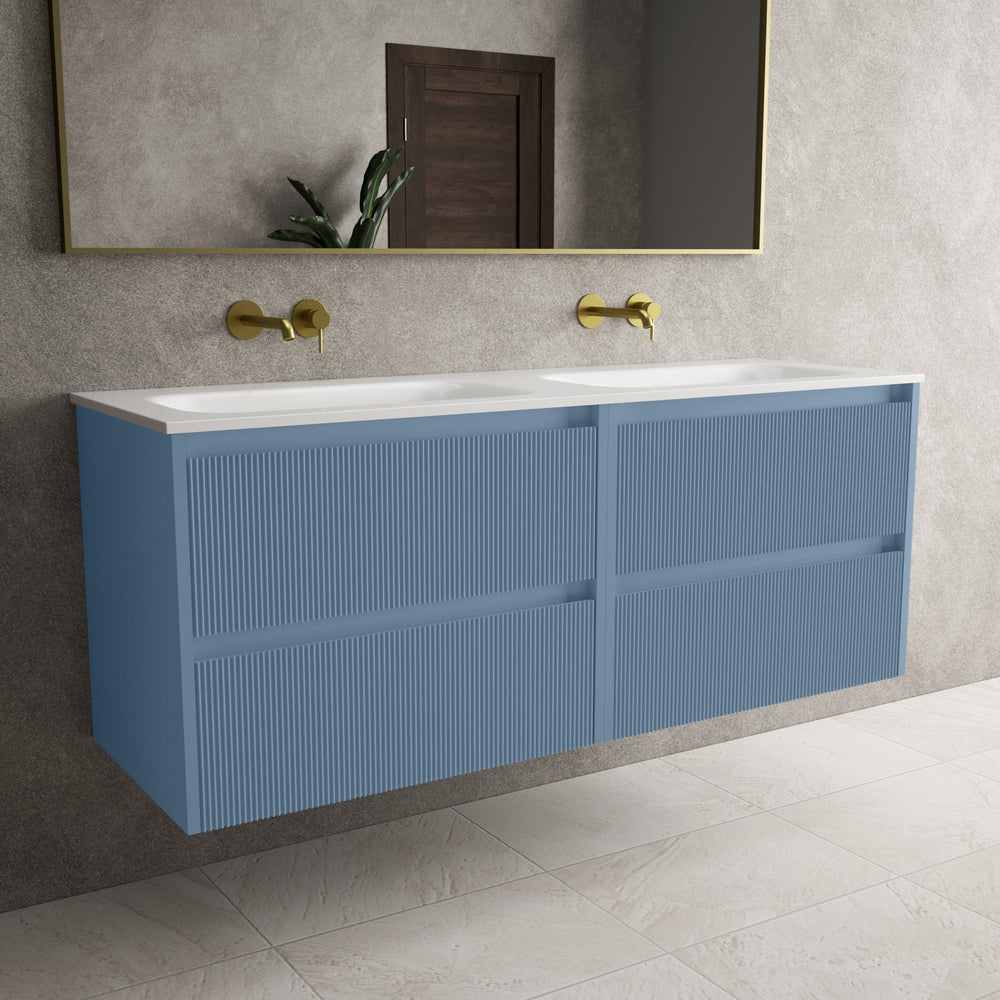 Scanalato Four Drawer Vanity Unit With Beyondstone Double Basin - Soft Blue 1400mm