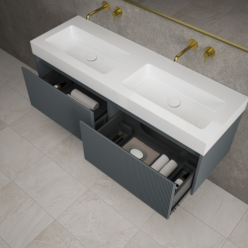 Scanalato Double Drawer Vanity Unit With Beyondstone BLOC Double Basin - Slate Grey 1400mm