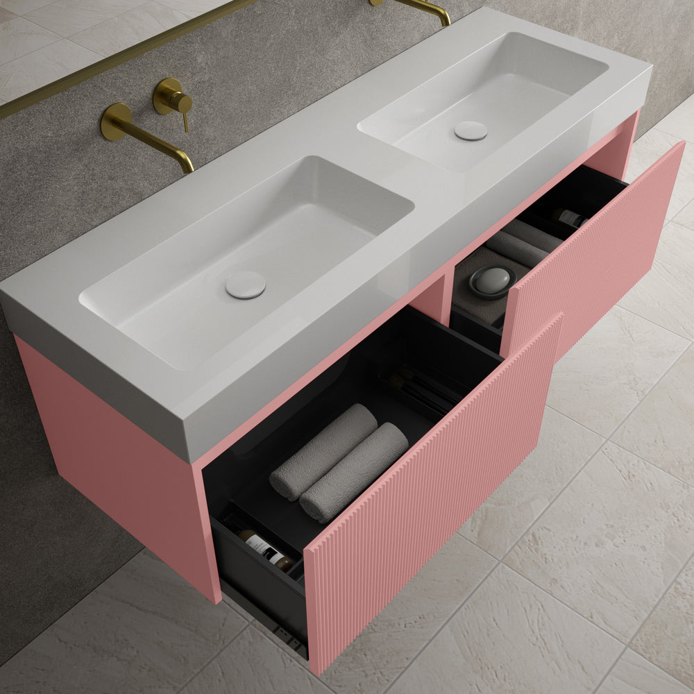 Scanalato Double Drawer Vanity Unit With Beyondstone BLOC Double Basin - Dusky Pink 1400mm