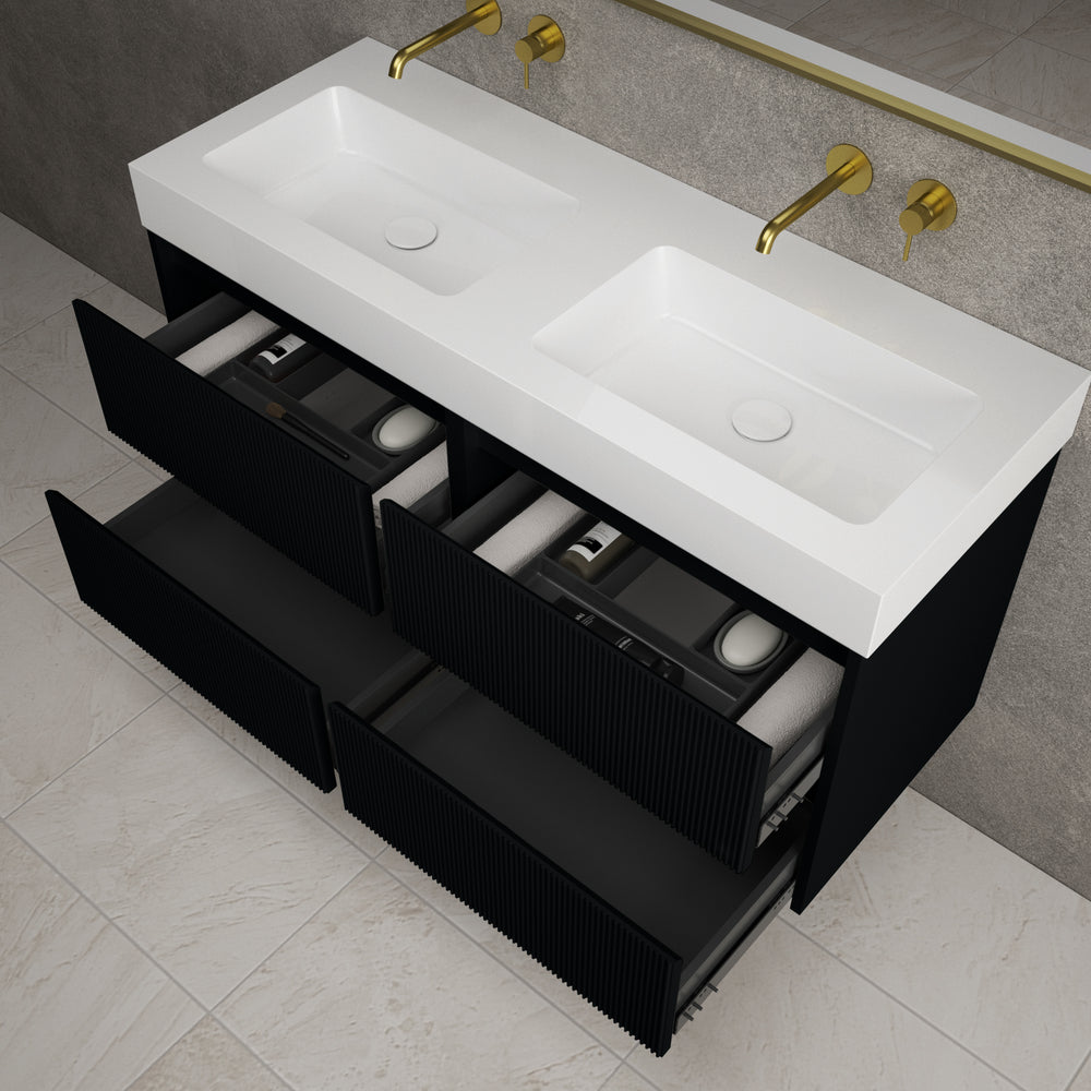 Scanalato Four Drawer Vanity Unit With Beyondstone BLOC Double Basin - Pure Black 1200mm