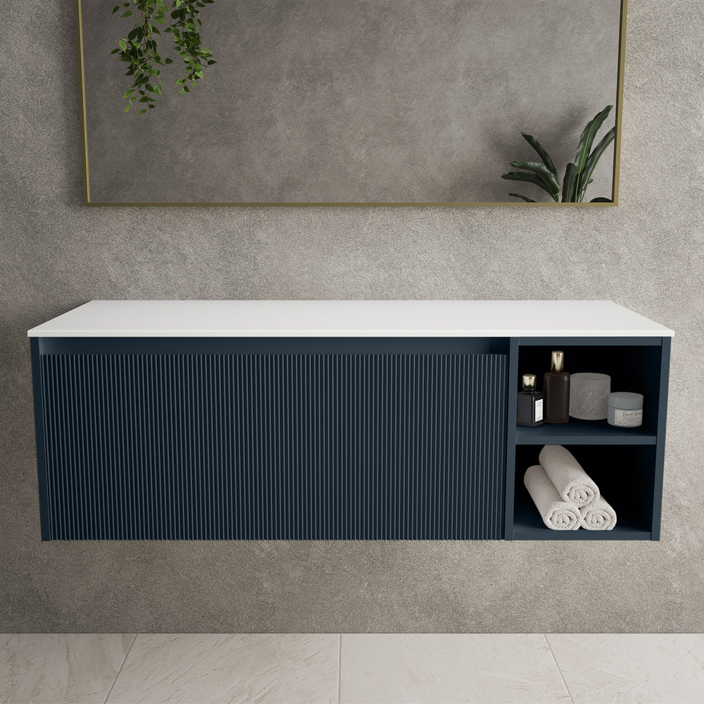 Scanalato Single Drawer Countertop Vanity Unit With Open Storage Space - Midnight Blue 1200mm