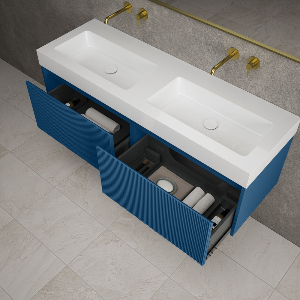 Scanalato Double Drawer Vanity Unit With Beyondstone BLOC Double Basin - Ocean Blue 1400mm