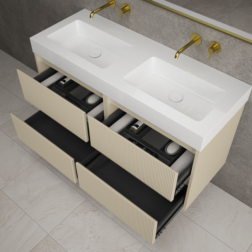 Scanalato Four Drawer Vanity Unit With Beyondstone BLOC Double Basin - Cashmere 1200mm