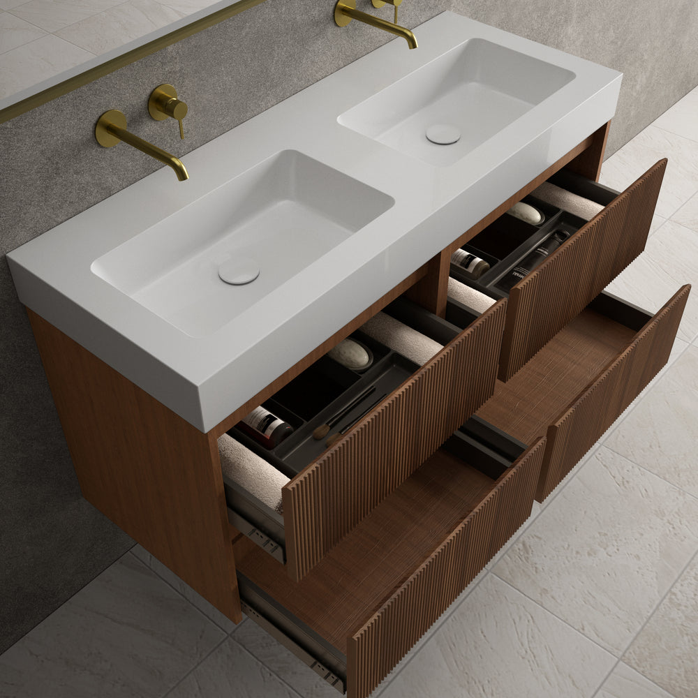 Scanalato Four Drawer Vanity Unit With Beyondstone BLOC Double Basin - Walnut 1200mm