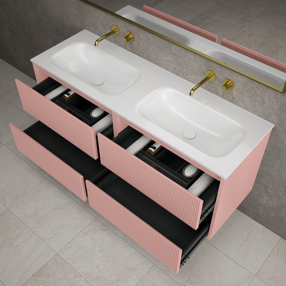 Scanalato Four Drawer Vanity Unit With Beyondstone Double Basin - Dusky Pink 1400mm