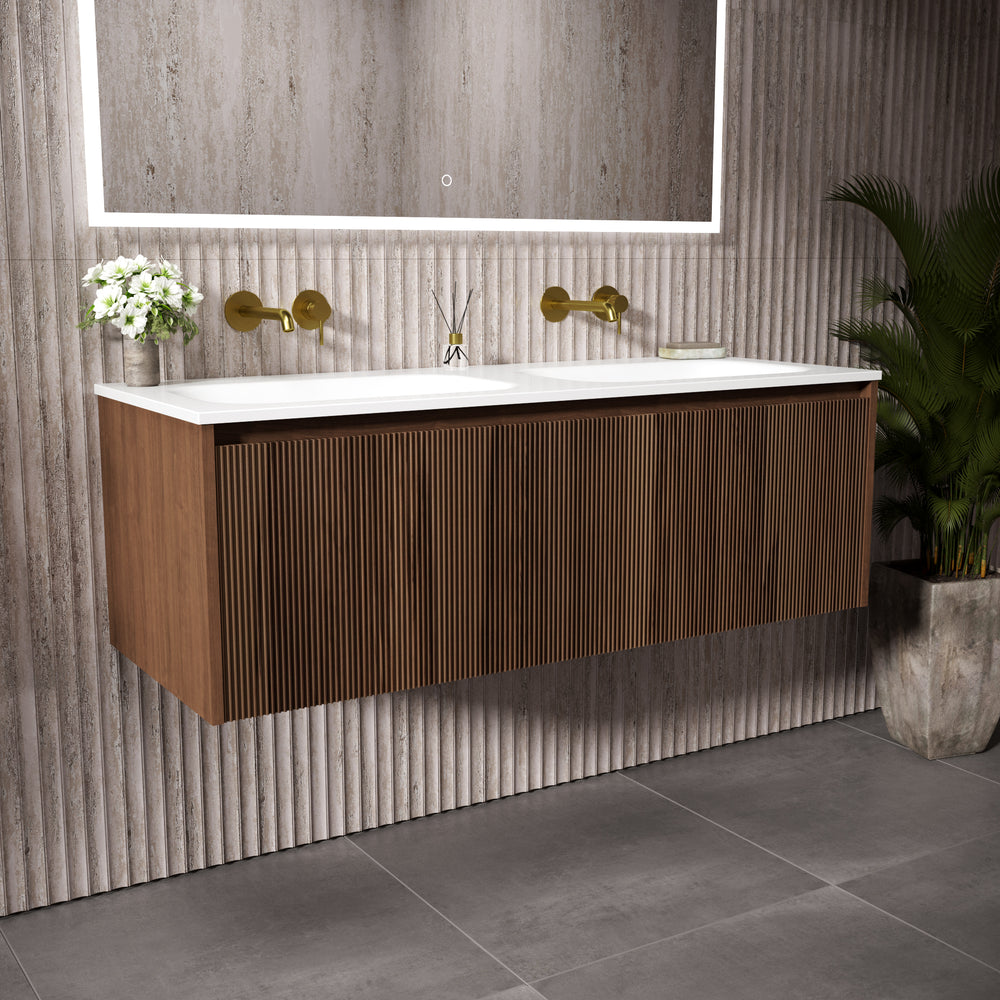 Scanalato Single Drawer Vanity Unit With Beyondstone Double Basin - Walnut 1200mm
