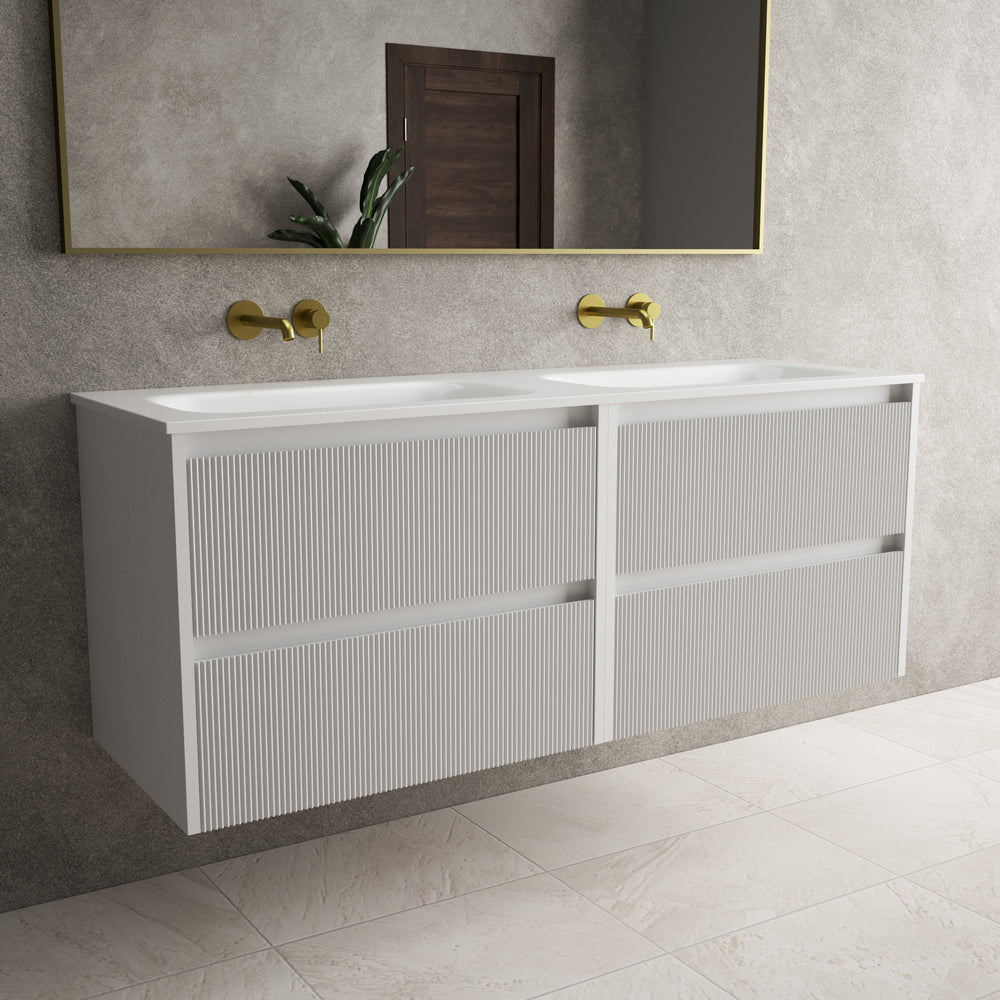 Scanalato Four Drawer Vanity Unit With Beyondstone Double Basin - Soft Grey 1400mm