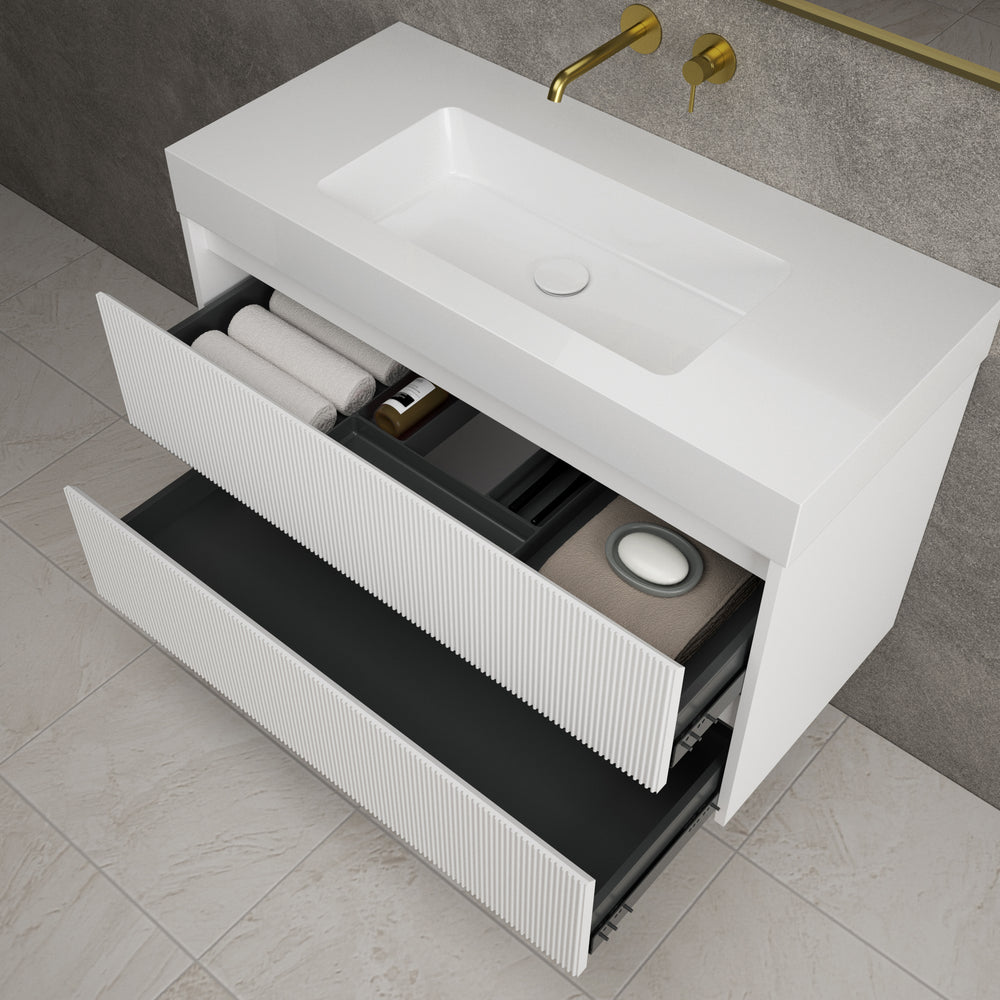 Scanalato Double Drawer Vanity Unit  With Beyondstone BLOC Basin - Pure White 1000mm