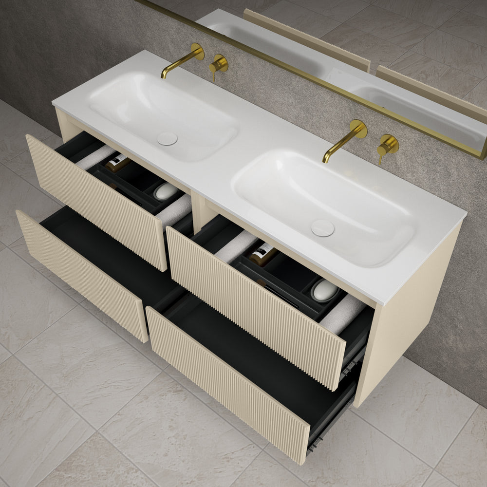 Scanalato Four Drawer Vanity Unit With Beyondstone Double Basin - Cashmere 1400mm