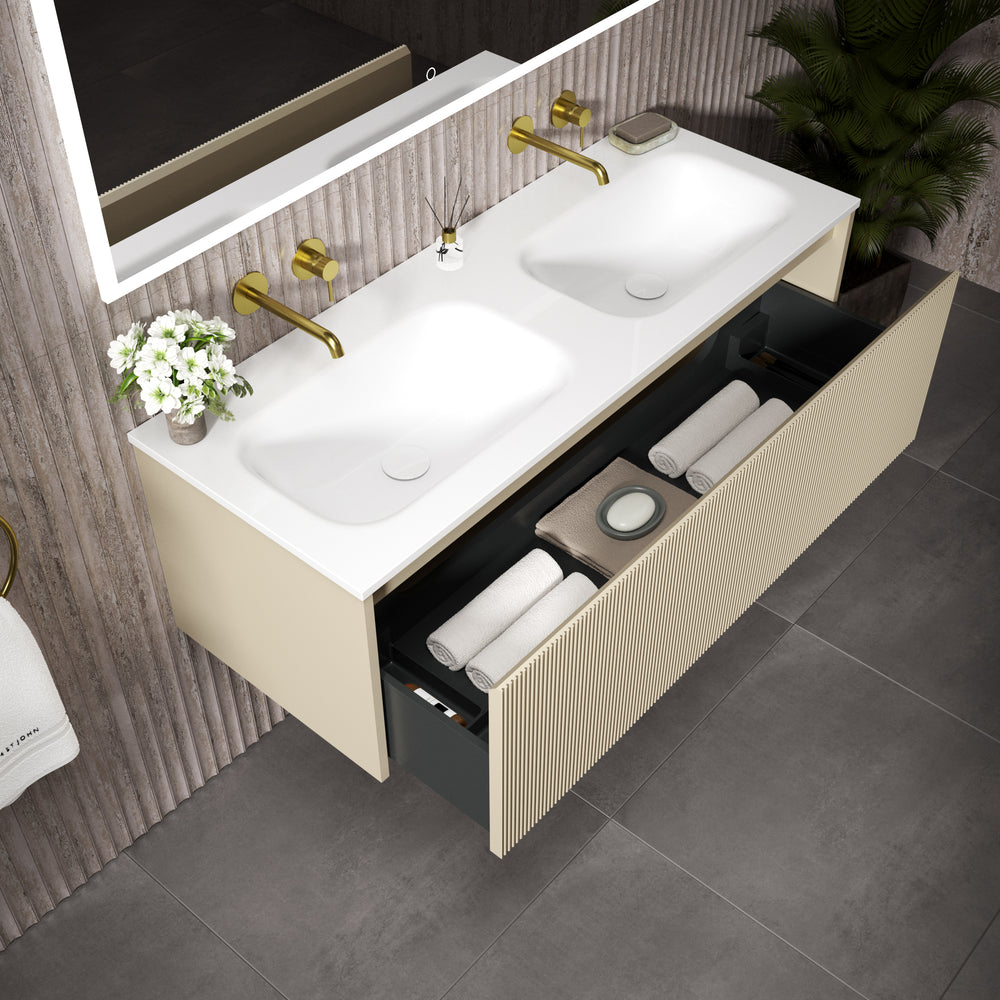 Scanalato Single Drawer Vanity Unit With Beyondstone Double Basin - Cashmere 1200mm