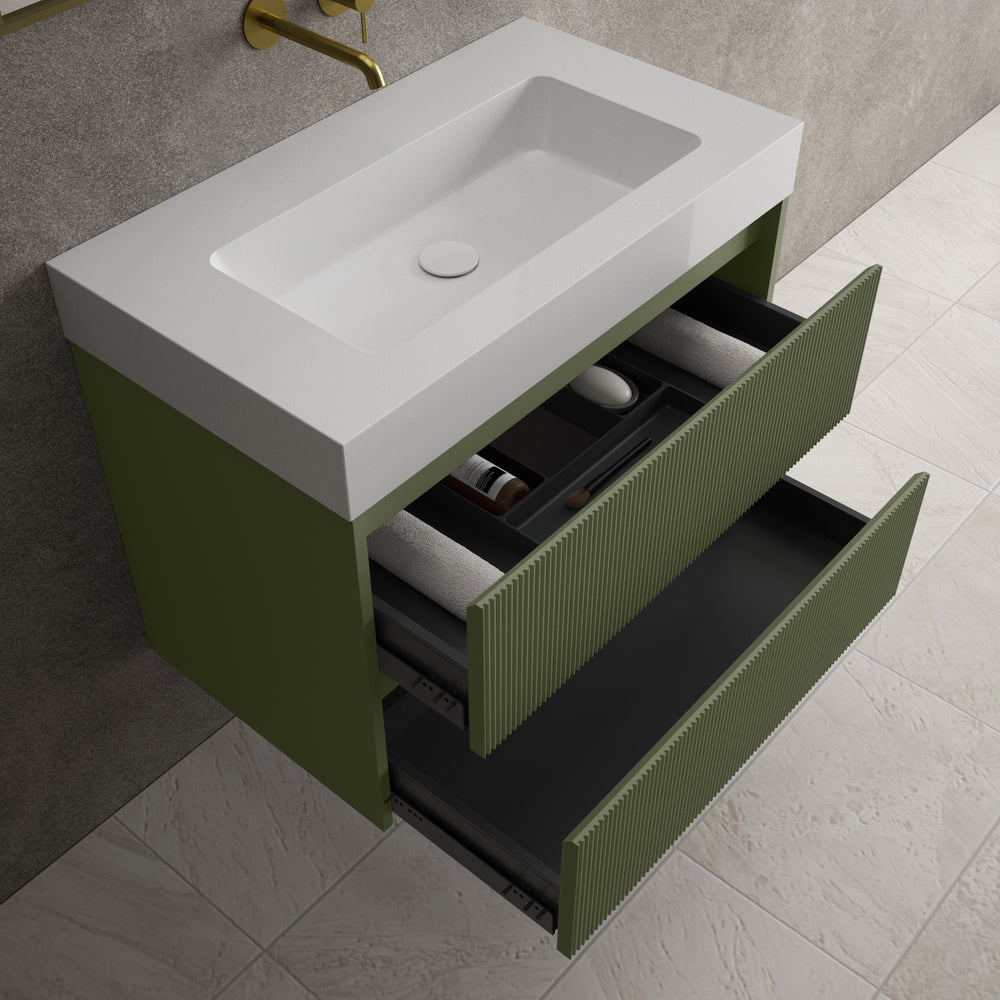 Scanalato Double Drawer Vanity Unit  With Beyondstone BLOC Basin - Seaweed 800mm