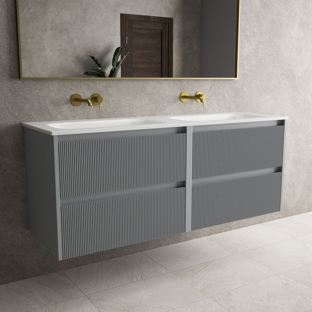 Scanalato Four Drawer Vanity Unit With Beyondstone Double Basin - Dove Grey 1400mm