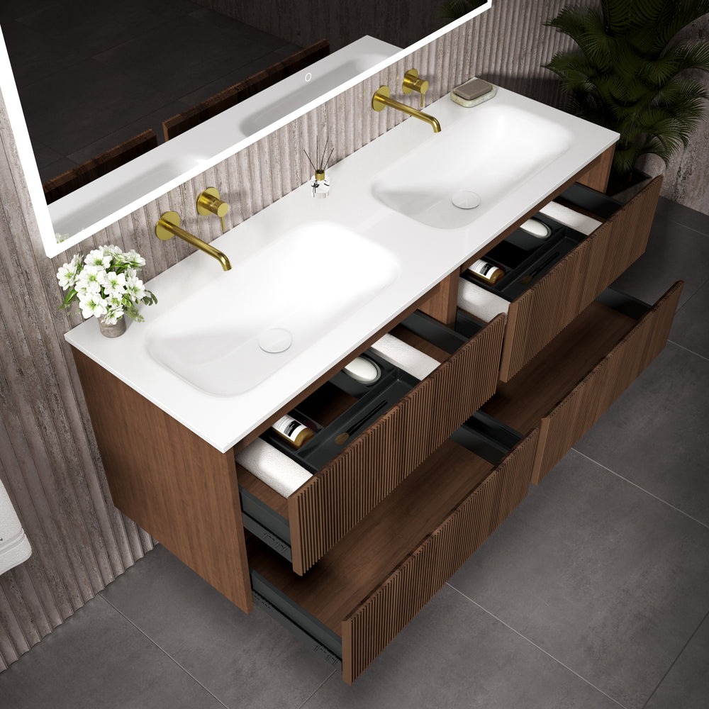 Scanalato Four Drawer Vanity Unit With Beyondstone Double Basin - Walnut 1400mm