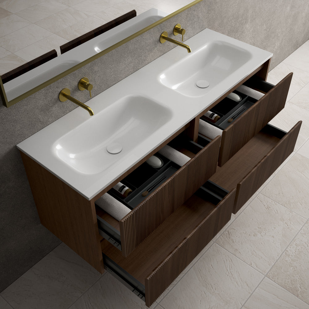 Scanalato Four Drawer Vanity Unit With Beyondstone Double Basin - Walnut 1400mm