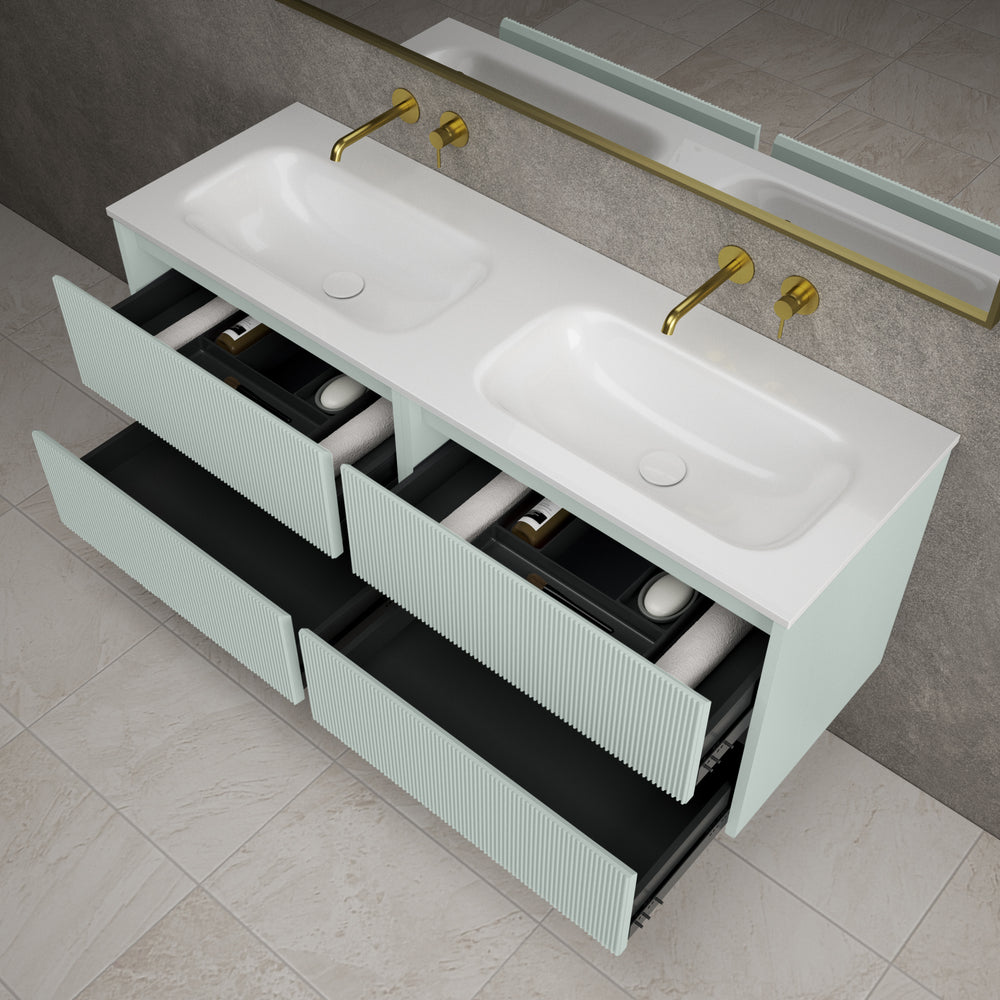 Scanalato Four Drawer Vanity Unit With Beyondstone Double Basin - Peppermint 1400mm