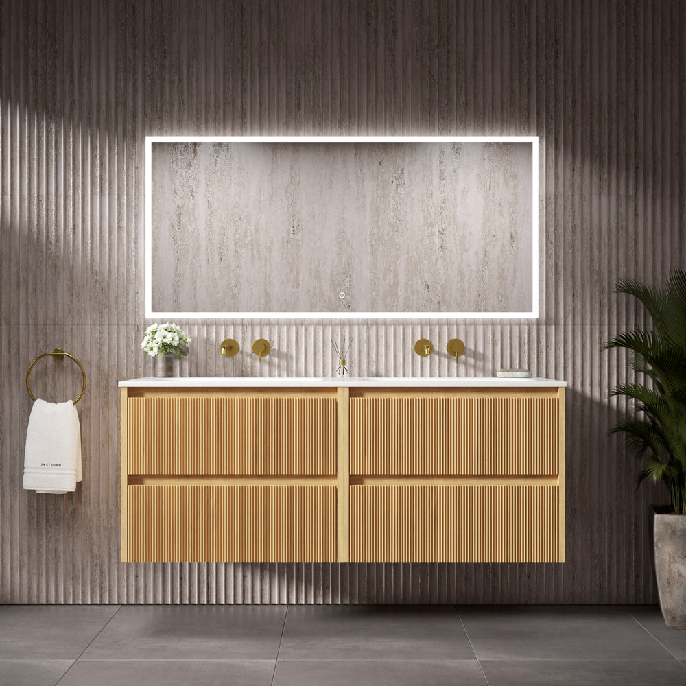 Scanalato Four Drawer Vanity Unit With Beyondstone Double Basin - Oak 1400mm