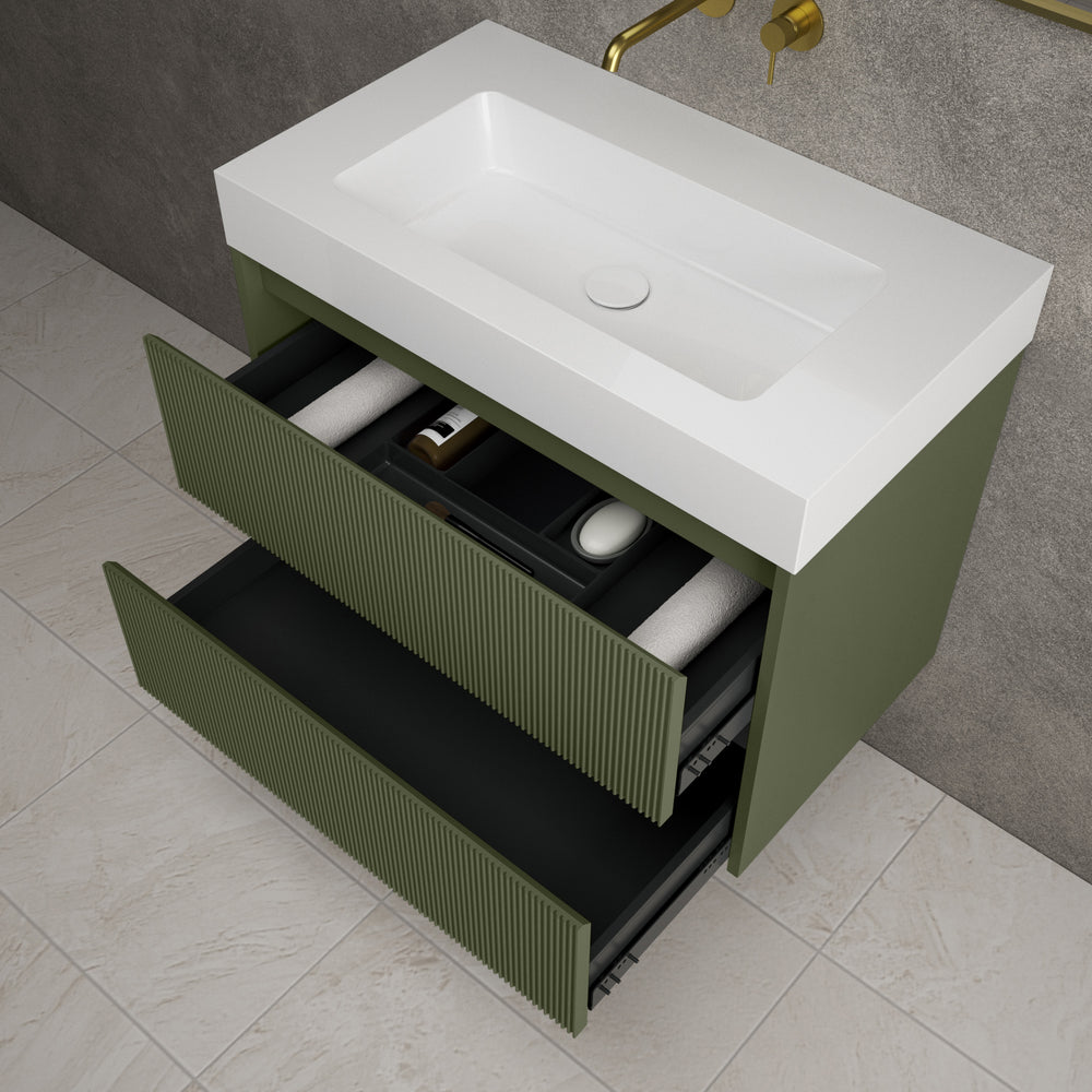 Scanalato Double Drawer Vanity Unit  With Beyondstone BLOC Basin - Seaweed 800mm