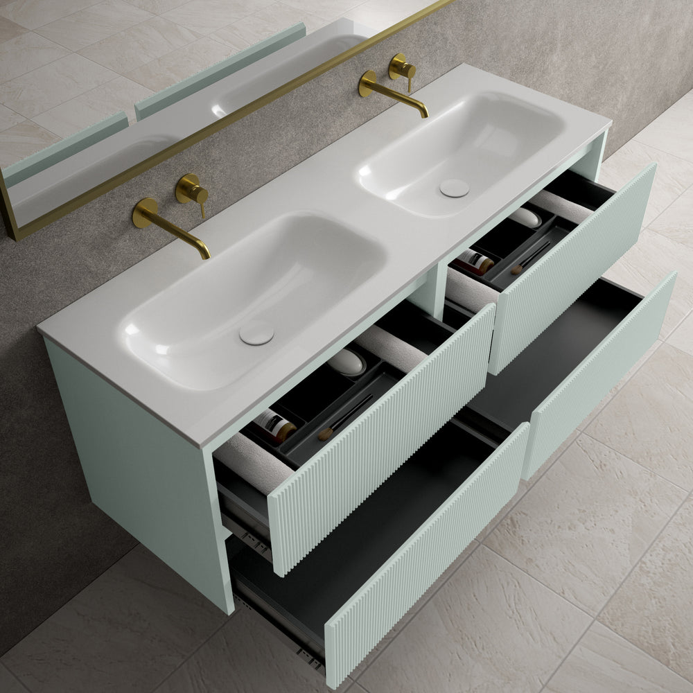 Scanalato Four Drawer Vanity Unit With Beyondstone Double Basin - Peppermint 1400mm