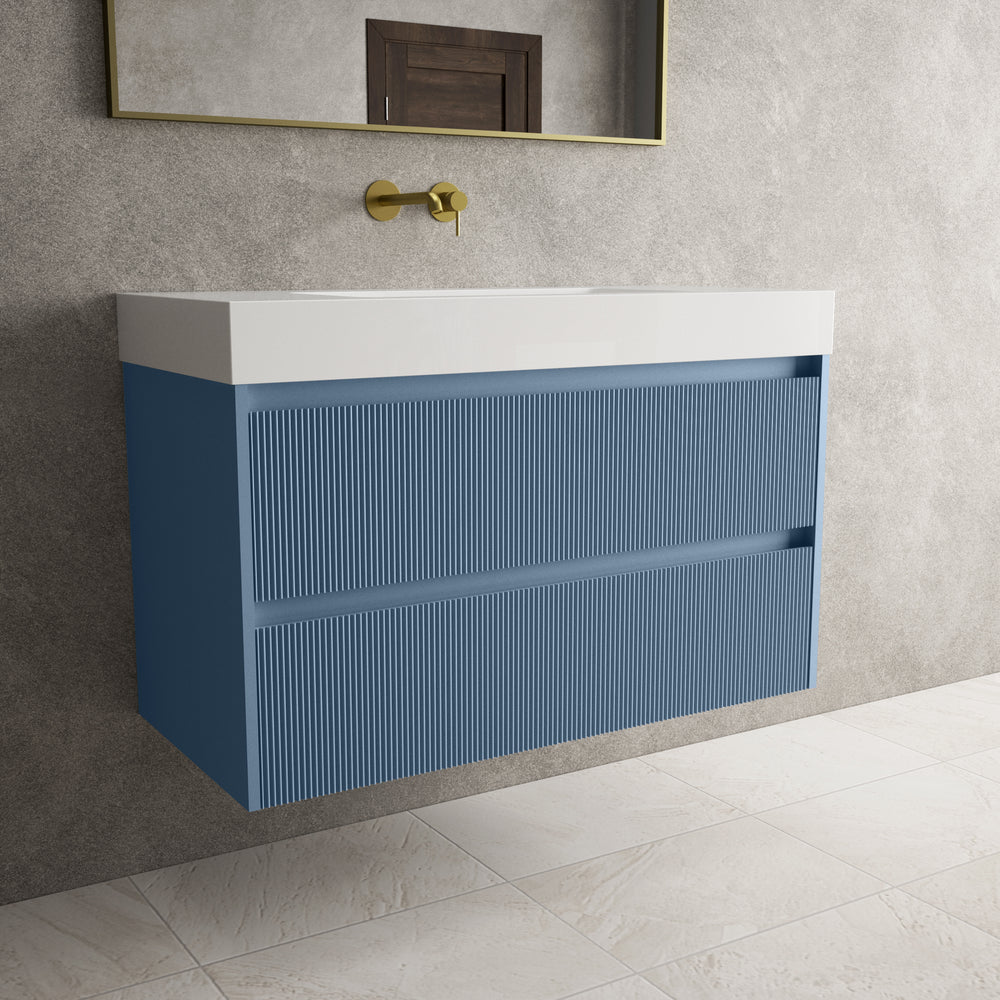 Scanalato Double Drawer Vanity Unit  With Beyondstone BLOC Basin - Soft Blue 1000mm