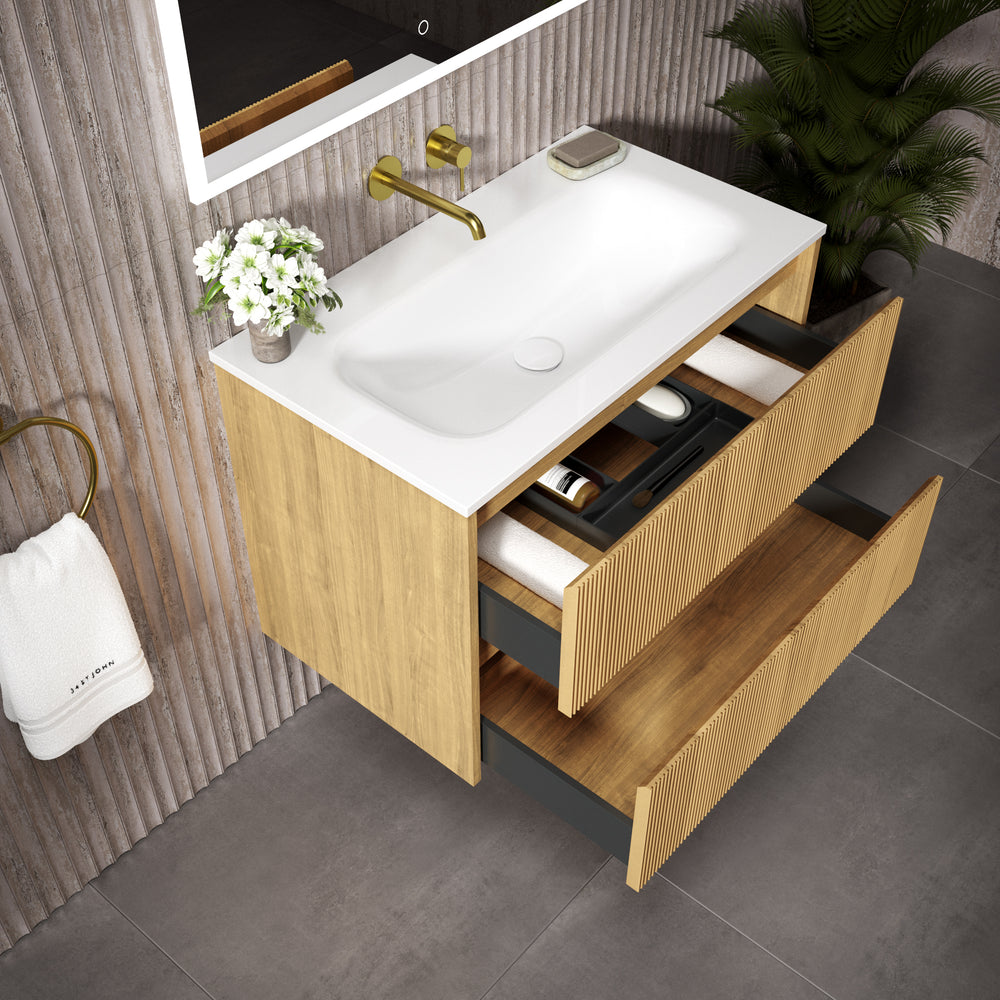 Scanalato Double Drawer Vanity Unit  With Beyondstone Basin - Oak 800mm