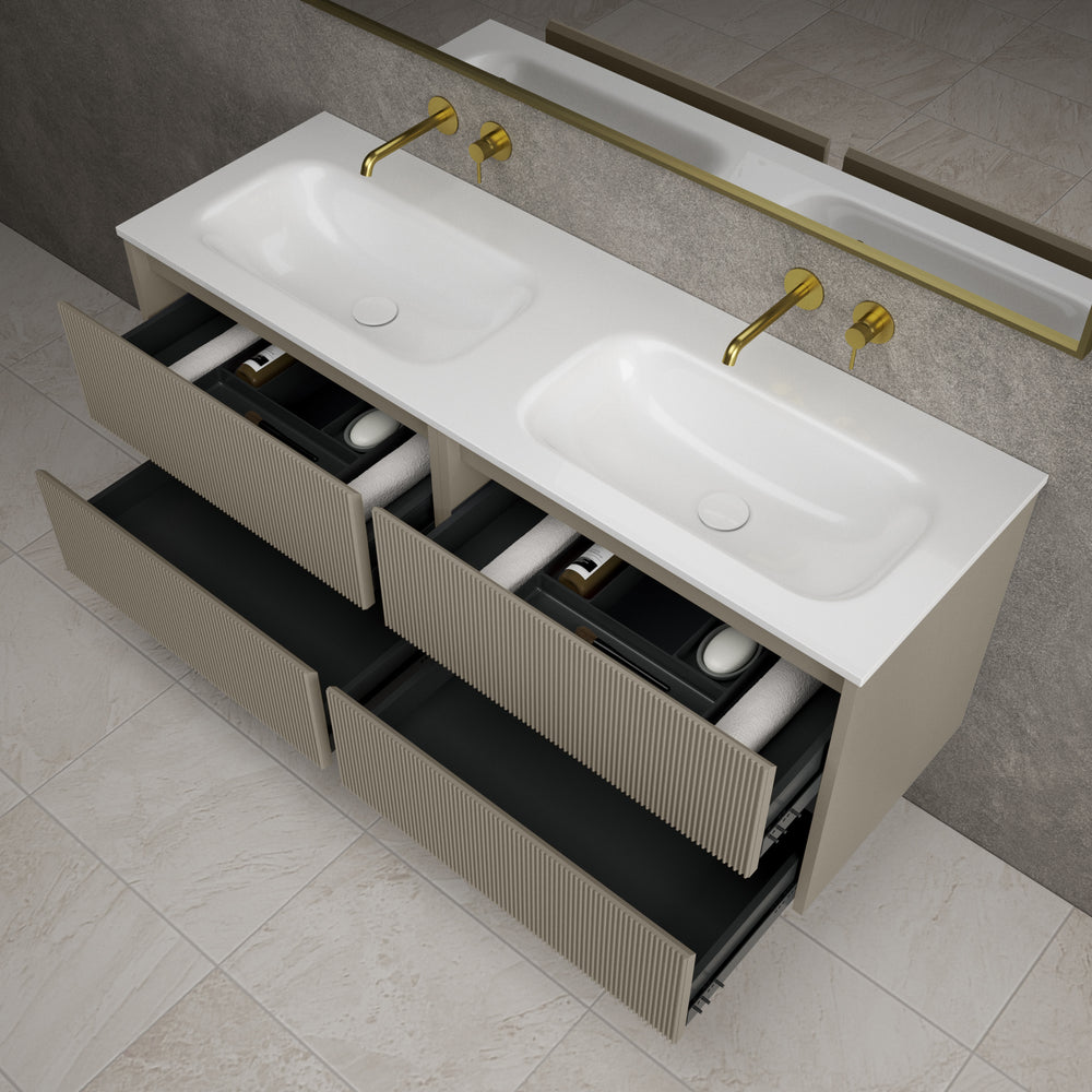 Scanalato Four Drawer Vanity Unit With Beyondstone Double Basin - Soft Taupe 1400mm