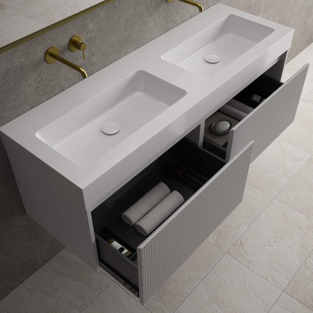 Scanalato Double Drawer Vanity Unit With Beyondstone BLOC Double Basin - Soft Grey 1400mm