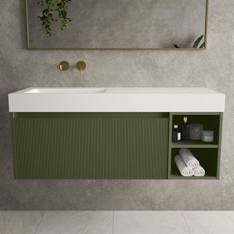Scanalato Single Drawer Vanity Unit With Open Storage Space And Beyondstone BLOC Basin - Seaweed 1200mm