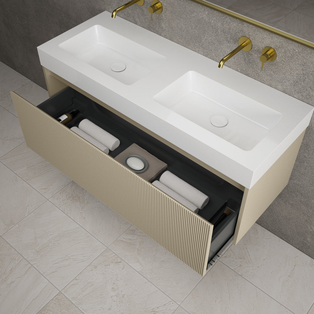 Scanalato Single Drawer Vanity Unit With Beyondstone BLOC Double Basin - Cashmere 1200mm