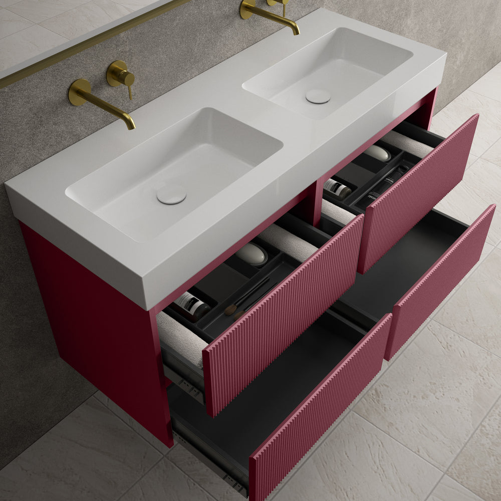 Scanalato Four Drawer Vanity Unit With Beyondstone BLOC Double Basin - Mineral Red 1200mm