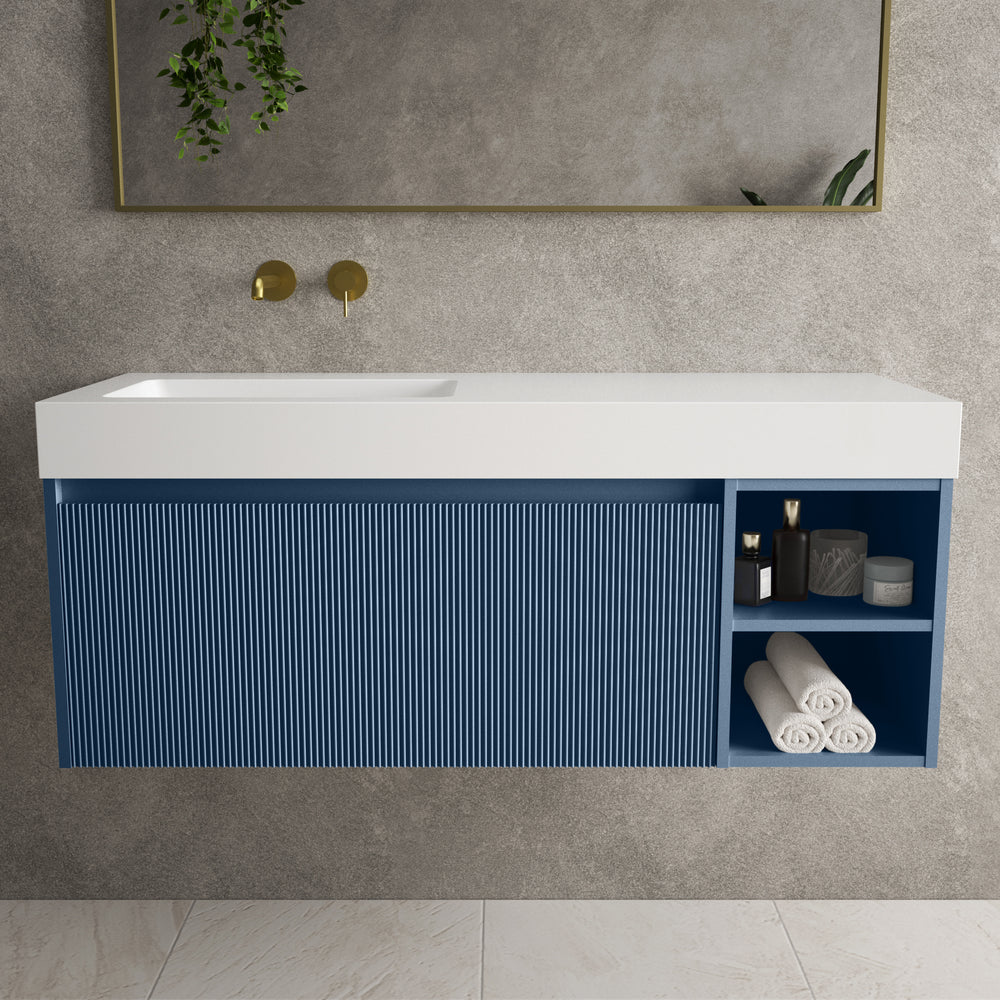 Scanalato Single Drawer Vanity Unit With Open Storage Space And Beyondstone BLOC Basin - Soft Blue 1200mm