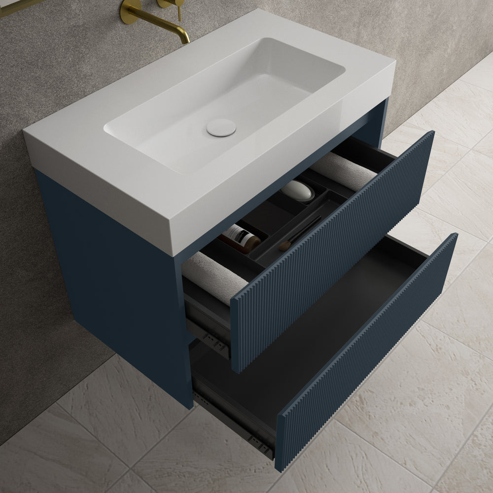 Scanalato Double Drawer Vanity Unit  With Beyondstone BLOC Basin - Midnight Blue 800mm